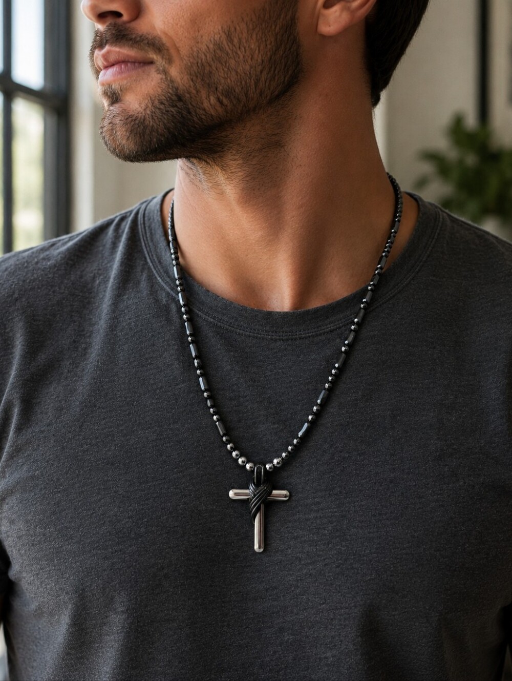 Hematite Beaded Magnetic Clasp Necklace with Silver & Black Crossโ Pendant